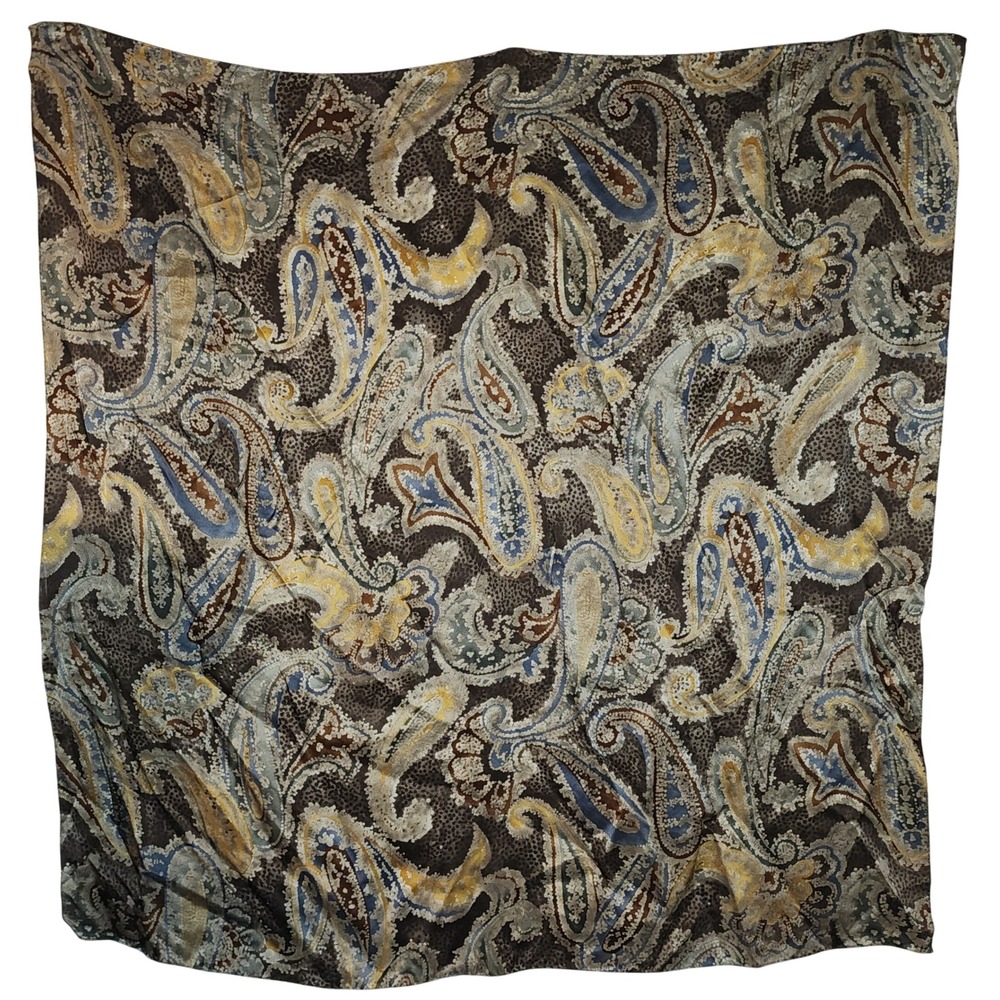 Vintage Express Silk Square Scarf Brown Blue Gold Paisley Print 100% Silk 34x34